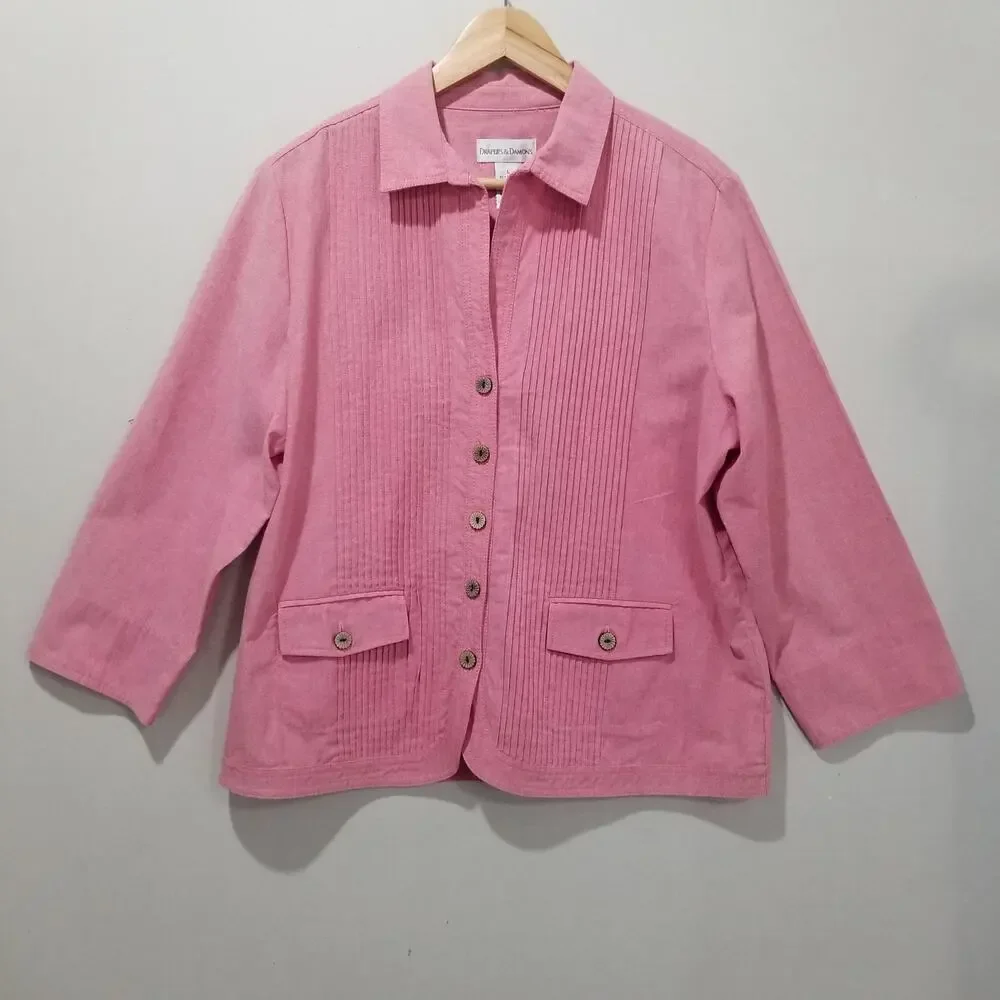 Draper's & Damon's Jacket Womens Large Pink Pintuck Button 3/4 Sleeve Pockets